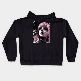 Intriguing Intensity: Immersive Black and White Anime Girl Artwork Goth Gothic Fashion Dark Pink Hair Kids Hoodie